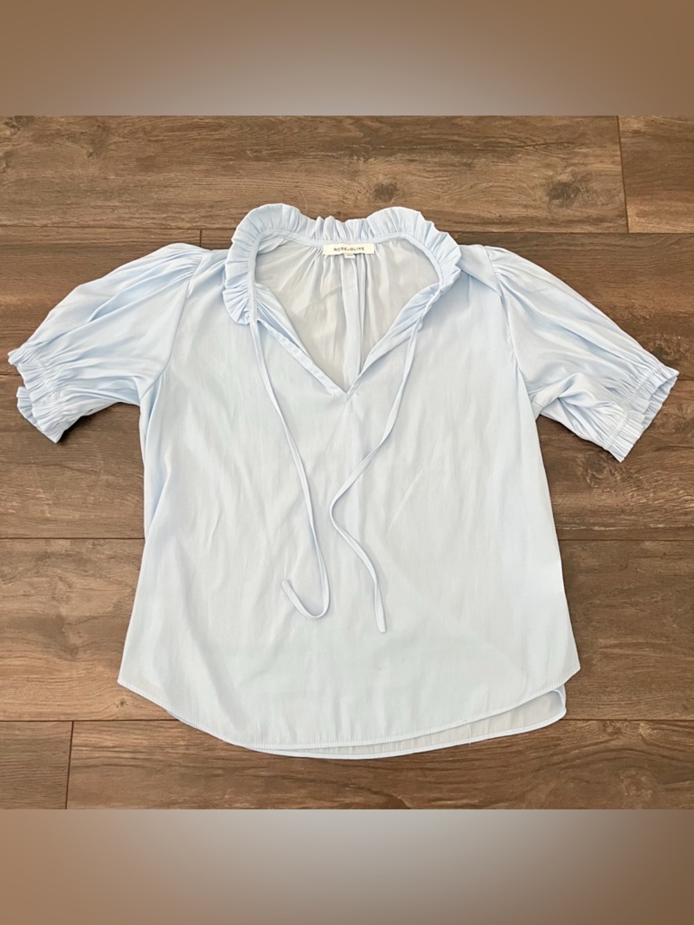 Rose & Olive Light Blue Ruffle Tie-Neck Blouse